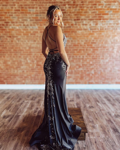 Elegant V Neck Straps Black Evening Dresses Lace-up Back Y1636