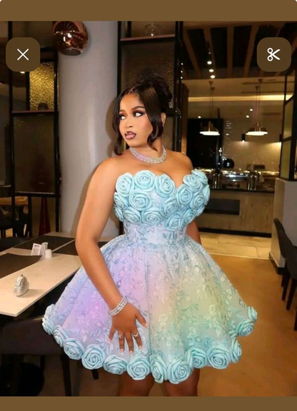 Elegant Strapless 3D Floral Satin Print Floral A Line Short Homecoming Dress,Blue Mini 16th Birthday Outfits SP3263