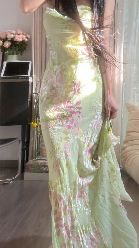 Pretty Light Green Spaghetti Straps Chiffon Print Floral Mermaid Long Birthday Dress Evening Dress SP2268