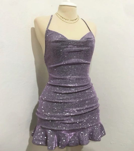 Simple Halter Lavender Satin Sheath Homecoming Dress Cocktail Dress Y8835