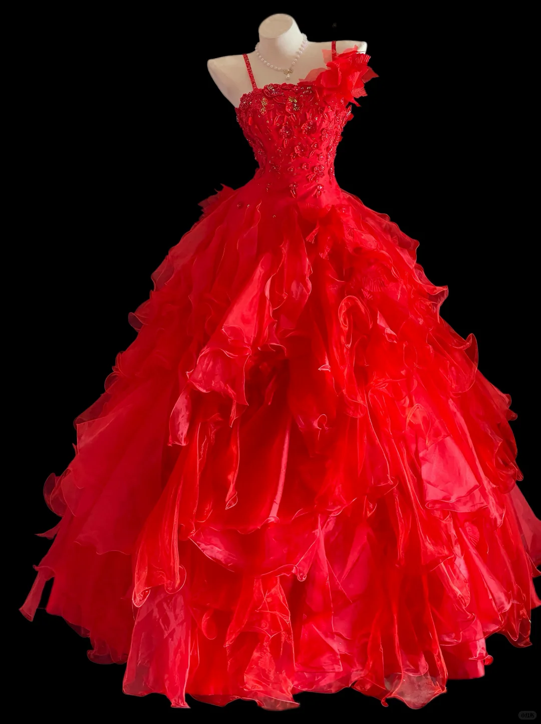 Charming Spaghetti Straps Ball Gown Red Tulle Pleated Sequin Appliques Long Party Dress Prom Gown SP4089