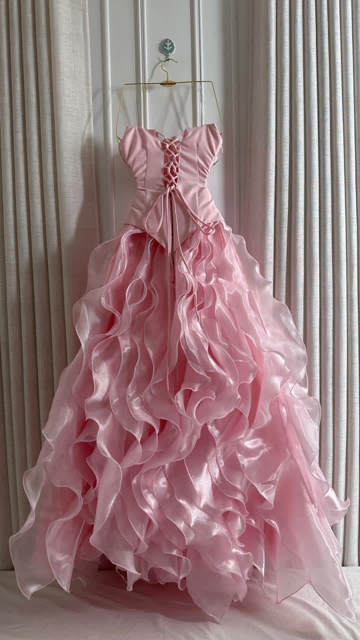 Glamorous Pink Strapless Sequin Beaded Tulle Ruffles Long Party Dress Evening Dress SP3948