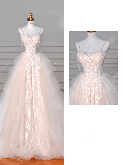 Classy Light Pink Tulle A Line Formal Long Prom Dress Evening Dress Y8623