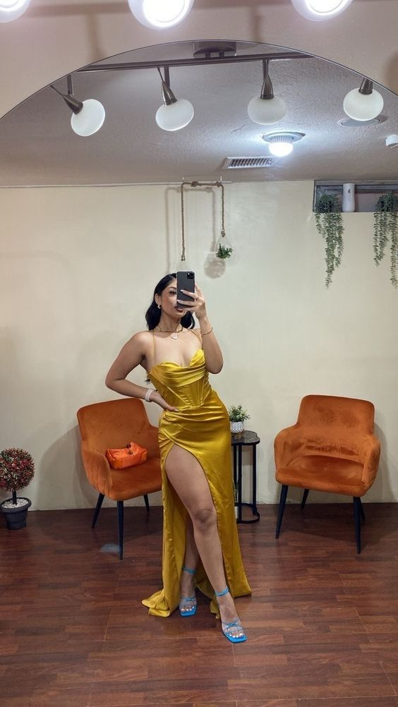 Yellow Spaghetti Straps Long Satin Sheath Evening Dress Y6010