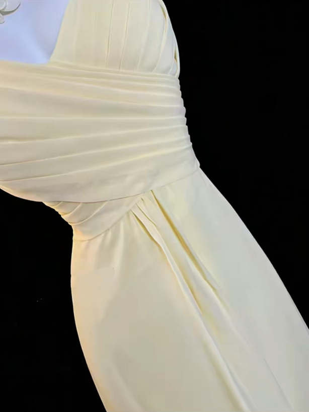 Pretty Yellow Strapless Chiffon Pleated A Line Long Prom Dress Party Gown SP2767
