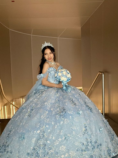 Charming Off The Shoulder Light Blue Tulle Lace Sequin Floral Quinceanera Dress Sweet 16 Dress SP4287