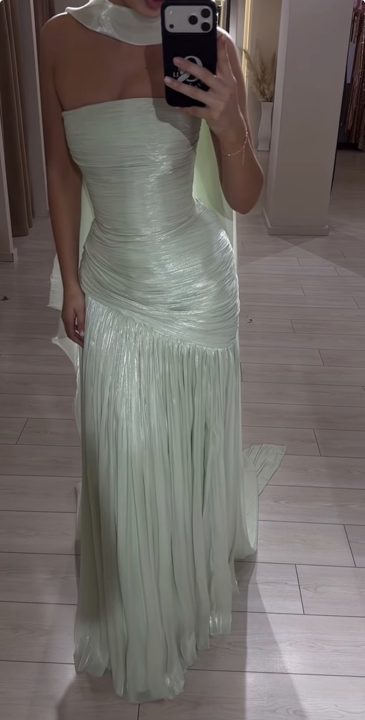 Classy Light Green Tulle Mermaid Long Party Dress Strapless Long Wedding Guest Dress SP3659