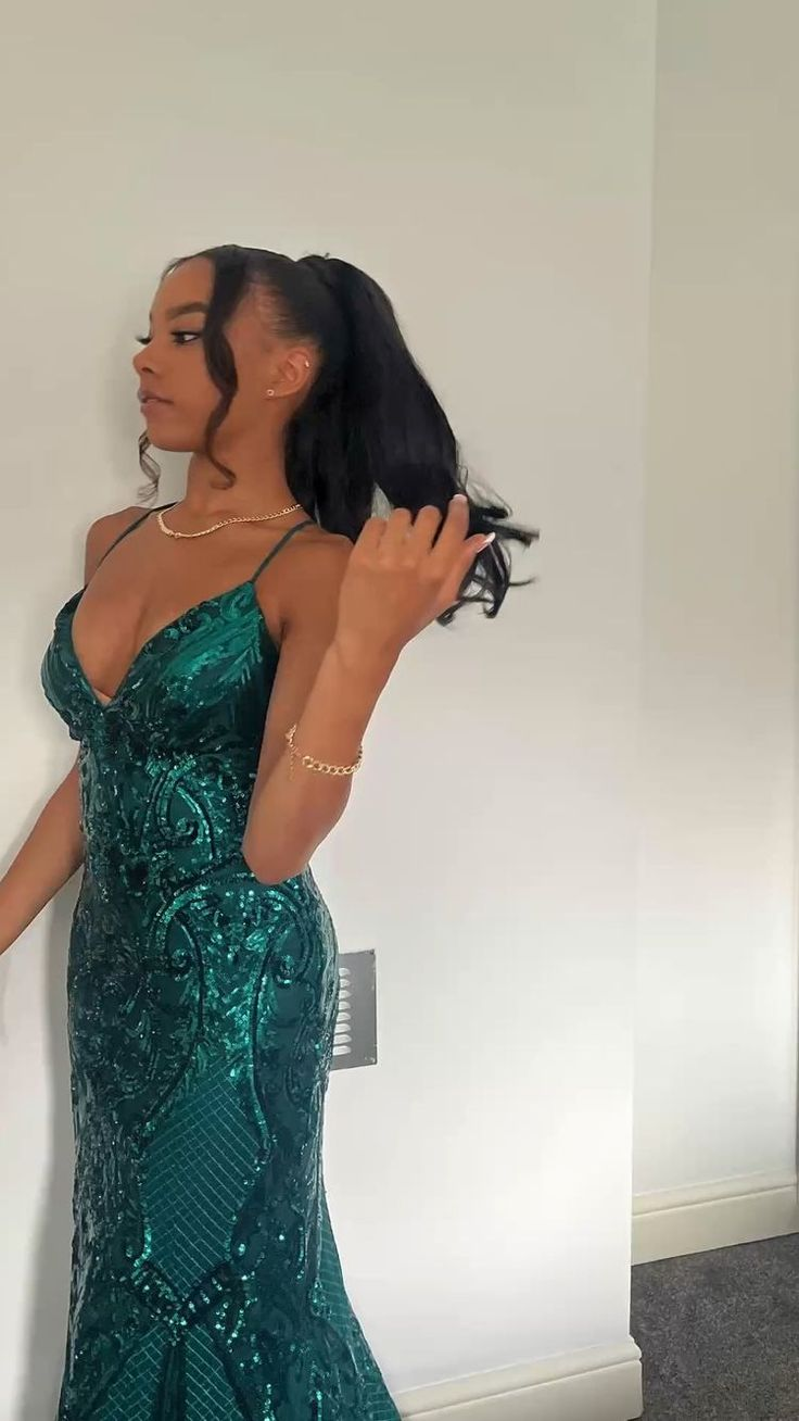 Dark Green V Neck Glitter Mermaid Long Prom Dress Y5976