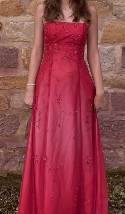 Vintage Pink Spaghetti Straps Tulle Satin Beaded A Line Long Party Gown Guest Dress SP310