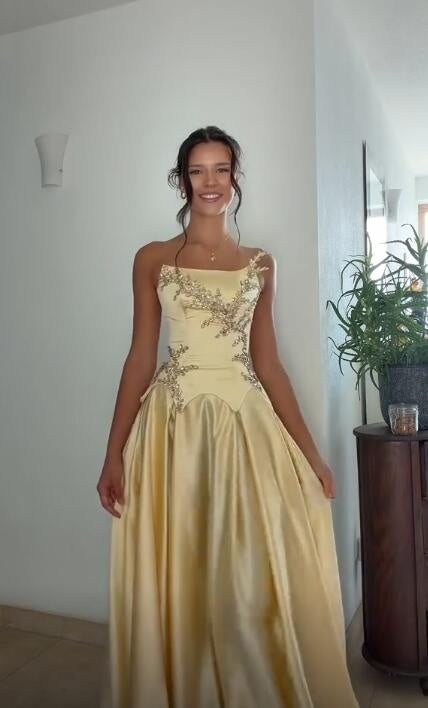 Elegant Yellow Satin Beaded A Line Long Party Dress Prom Gown SP4161