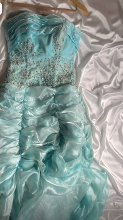 Classy Strapless Blue Tulle Pleated Beaded Mermaid Long Prom Dress Party Gown SP3738