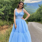 Sky Blue Straps Tulle A Line Prom Dress Sweetheart Formal Dresses Y6280