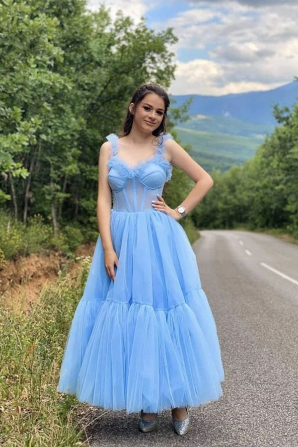 Sky Blue Straps Tulle A Line Prom Dress Sweetheart Formal Dresses Y6280