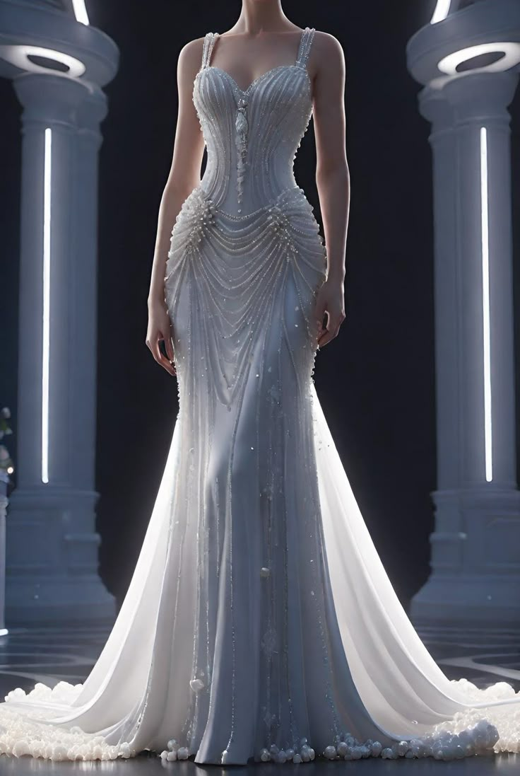 Pretty White Chiffon Beaded Pearls Mermaid Long Wedding Dress Y8318