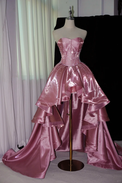 Charming Strapless Satin Beaded Hi-Low Party Dress Pink Long Prom Dress SP4218
