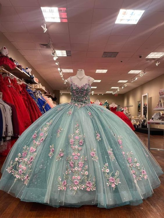 Glitter Sweetheart Spaghetti Strap Quinceanera Dresses Gorgeous 3D Flower Applique Beading Ball Gown  Y4711