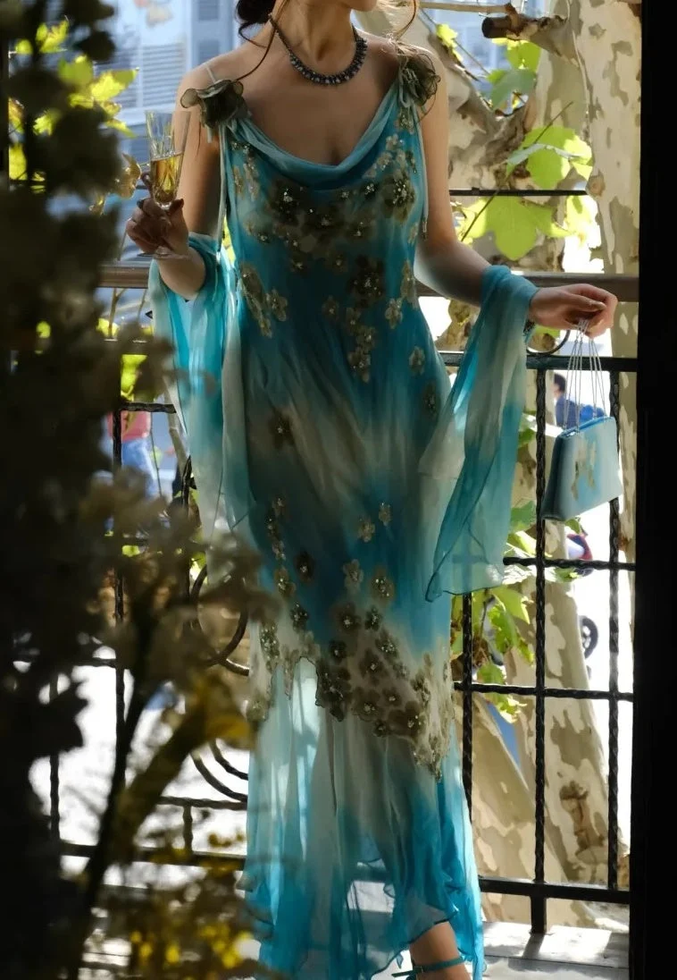 Charming Spaghetti Straps Chiffon Applique Long Birthday Party Dress Blue Long Prom Dresses SP3861