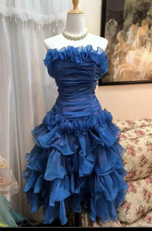 Vintage Strapless Blue Tulle Pleated Layered Short Homecoming Dress Cocktail Dress SP3811