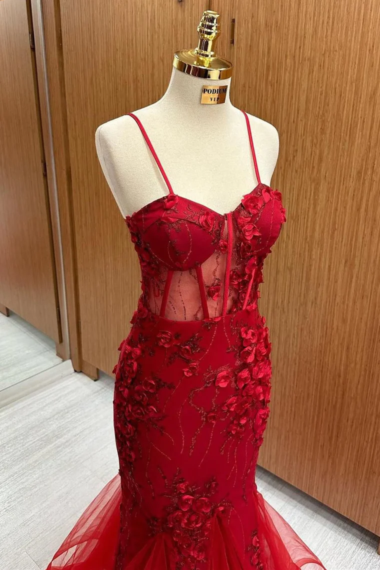 Red 3D Floral Lace Sweetheart Trumpet Long Prom Dress Y5957