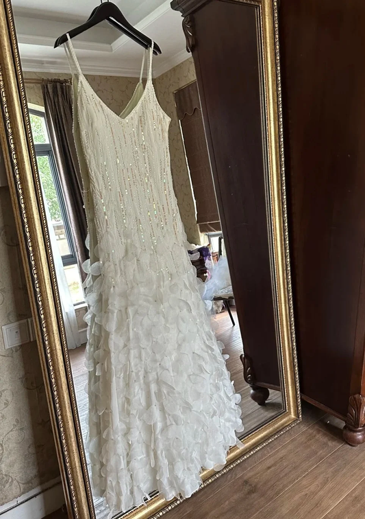 Elegant Spaghetti Straps Satin Sequin Petals Mermaid Long Prom Dress White Birthday Party Dress SP3845