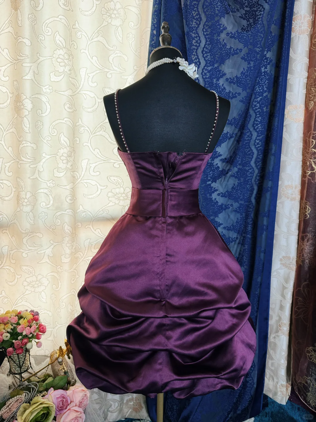 Vintage Purple Satin Bow Pleated Short Homecoming Dress Cocktail Dress With Beads SP2191