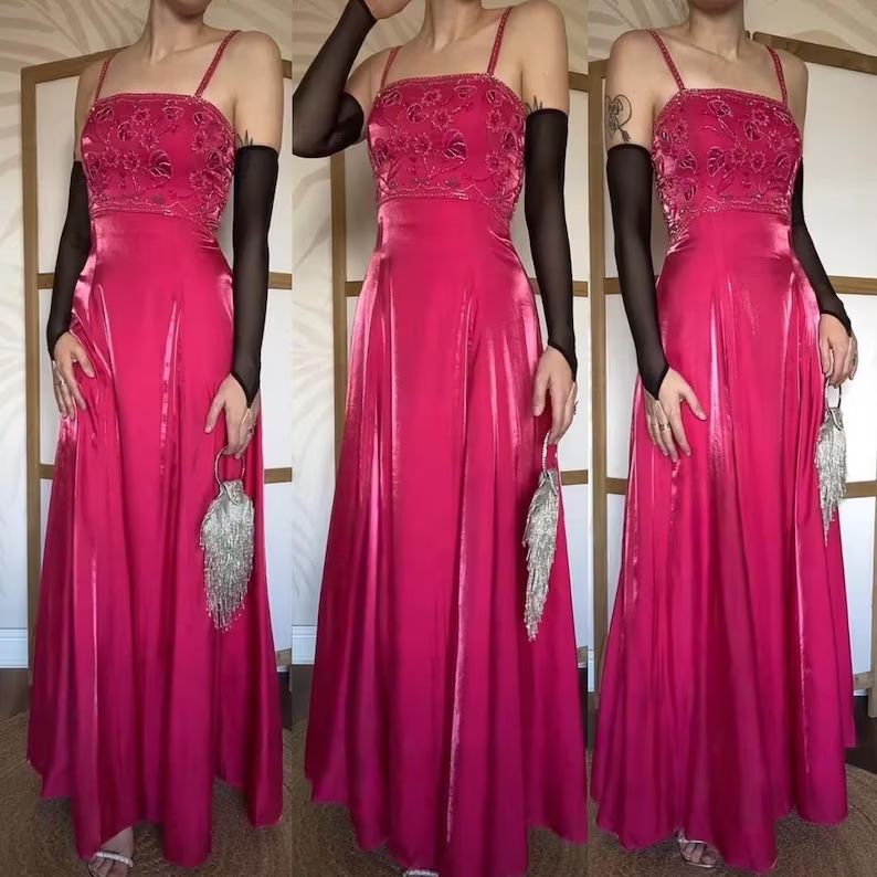 Vintage Spaghetti Straps Hot Pink Satin Beaded A Line Long Prom Dress Birthday Evening Dress SP1900