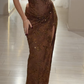Elegant Strapless Brown Lace Slit Mermaid Prom Dress Long Party Dress SP1350