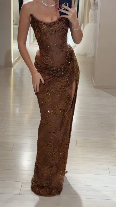 Elegant Strapless Brown Lace Slit Mermaid Prom Dress Long Party Dress SP1350