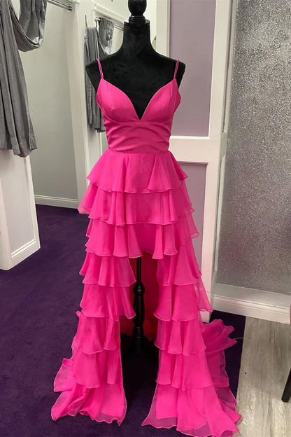 Hot Pink Spaghetti Straps Tiered Long Prom Dress Chiffon Graduation Dress Y4950