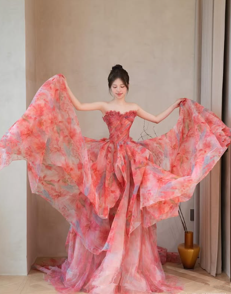 Elegant Strapless Tulle Print Floral Party Dress,Formal Evening Dress Y8540