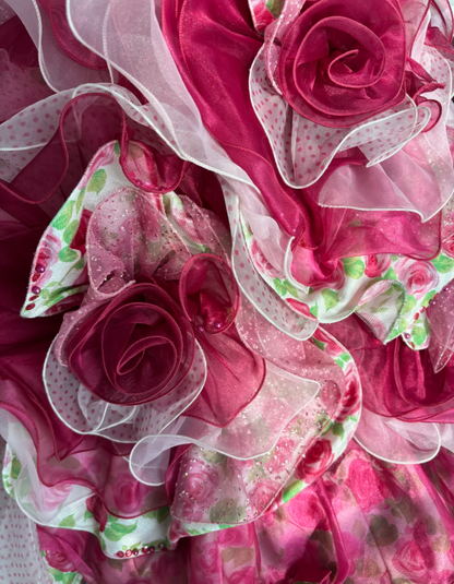 Pretty Strapless Rose Pink Satin Floral Beaded Tulle Layered Ball Gown Sweet Quinceanera Dress With Beaded SP1454