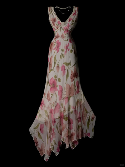 Charming Pink V Neck Chiffon Print Floral Ruffles Mermaid Long Prom Dress Party Dress SP4076