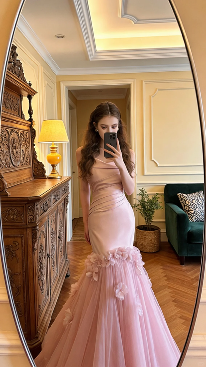 Sweet Pink Strapless Satin Tulle Mermaid Long Party Dress Prom Gown SP2063