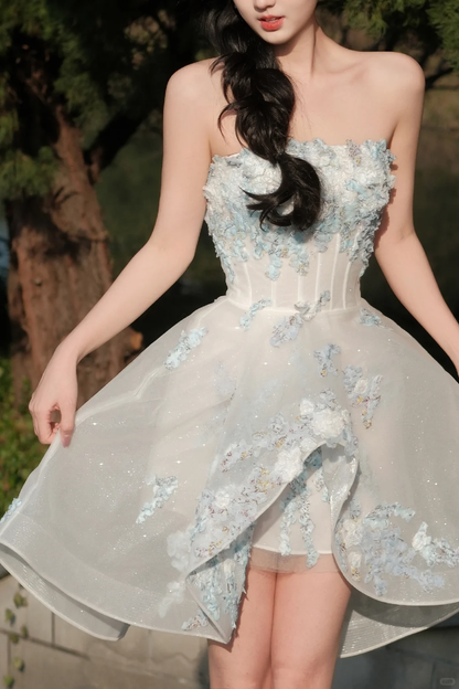 Classy Strapless Organza Appliques A Line Short Formal Graduation Homecoming Dress White Birthday Outfits Y9344