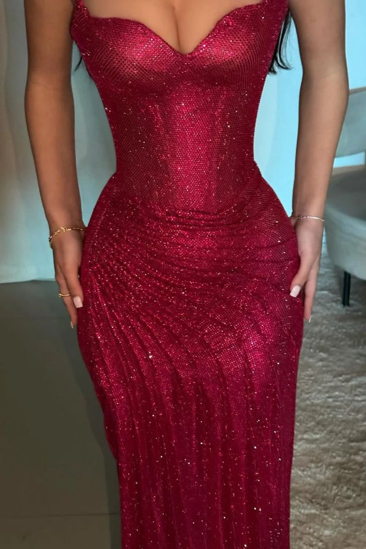 Gorgeous Hot Pink Spaghetti Straps Sequin Pleated Slit Mermaid Evening Dress Formal Prom Gown SP547