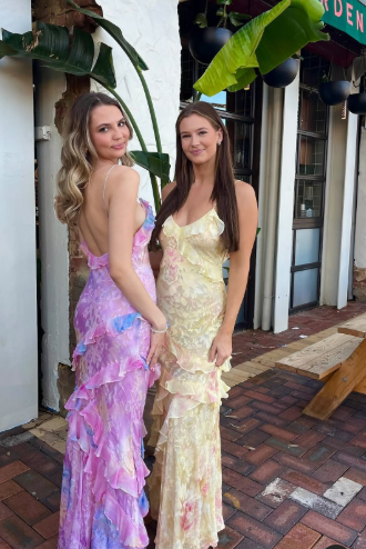 Romantic Spaghetti Straps V Neck Chiffon Print Prom Dress,Charming Evening Dress Y2306