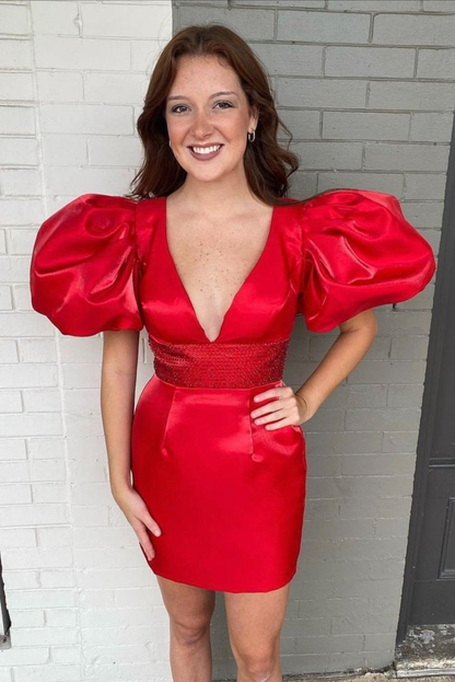 Red Satin Homecoming Dress with Puff Sleeves,Red Party Dress  Y2296