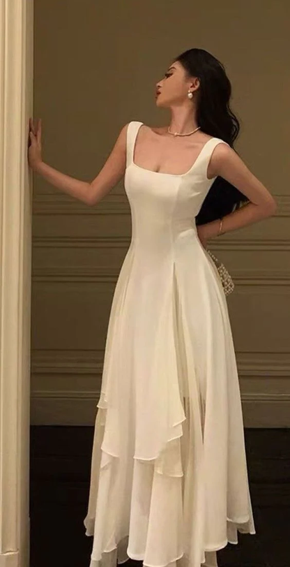 Square Neck White Asymmetric A-Line Long Evening Dress Y2786