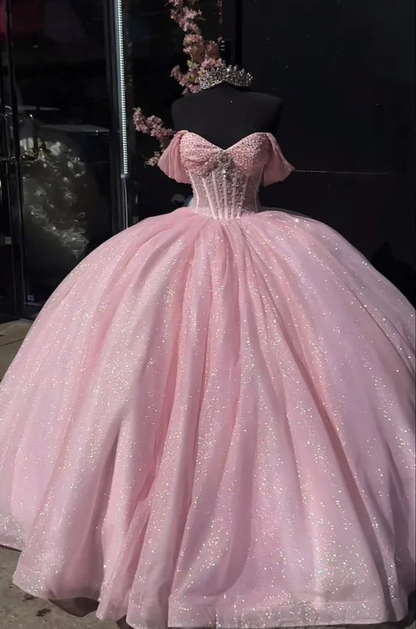 Glitter Off The Shoulder Pink Ball Gown,Pink Sweet 16 Dress,Pink Princess Dress  Y7002