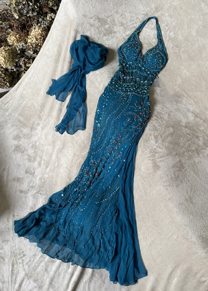 Vintage Halter Blue Chiffon Beaded Mermaid Long Party Dress Evening Dress With Ribbon SP4059