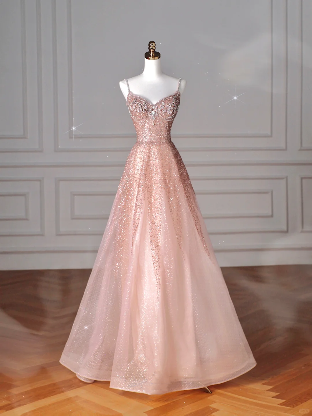 Glitter Pink Tulle Sequins Beaded Prom Dress,Spaghetti Straps A Line Evening Dress Y8619