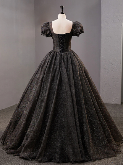Black Square Neckline Tulle Long Prom Dress, Shiny Black Evening Dresses Y4386