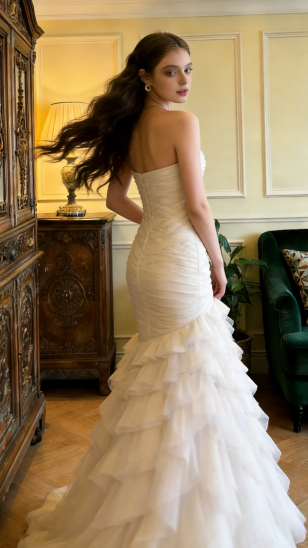 Classy Strapless White Tulle Pleated Layered Mermaid Long Wedding Dress Formal Bridal Dress SP2056