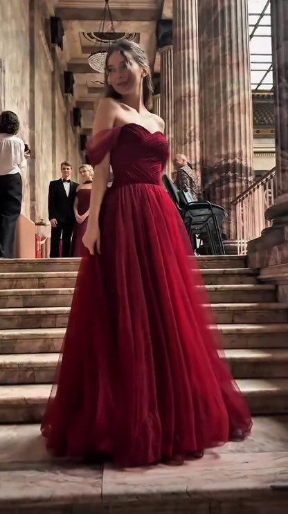 Elegant Off The Shoulder Tulle Long Wedding Guest Dress Burgundy Long Party Dress SP3737