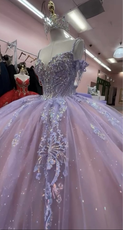 Glamorous Pink-purple Tulle Sequin Beaded Quinceanera Dress Sweet 15/16 Dress With Bow SP4295
