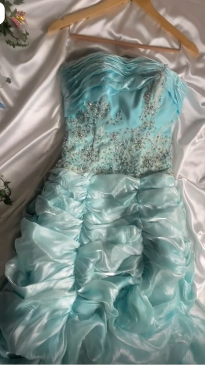 Classy Strapless Blue Tulle Pleated Beaded Mermaid Long Prom Dress Party Gown SP3738