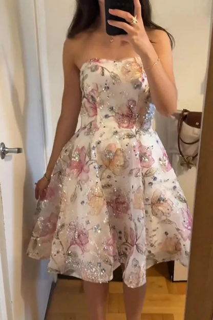 Pretty Strapless Floral Sequin A-Line Homecoming Dress Short Prom Dress SP3884