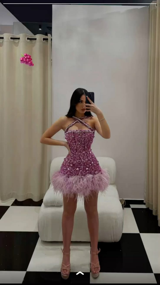Sexy Halter Beaded Feathers Mini Cocktail Dress Pink Sheath Homecoming Dress Birthday Outfits Y8968