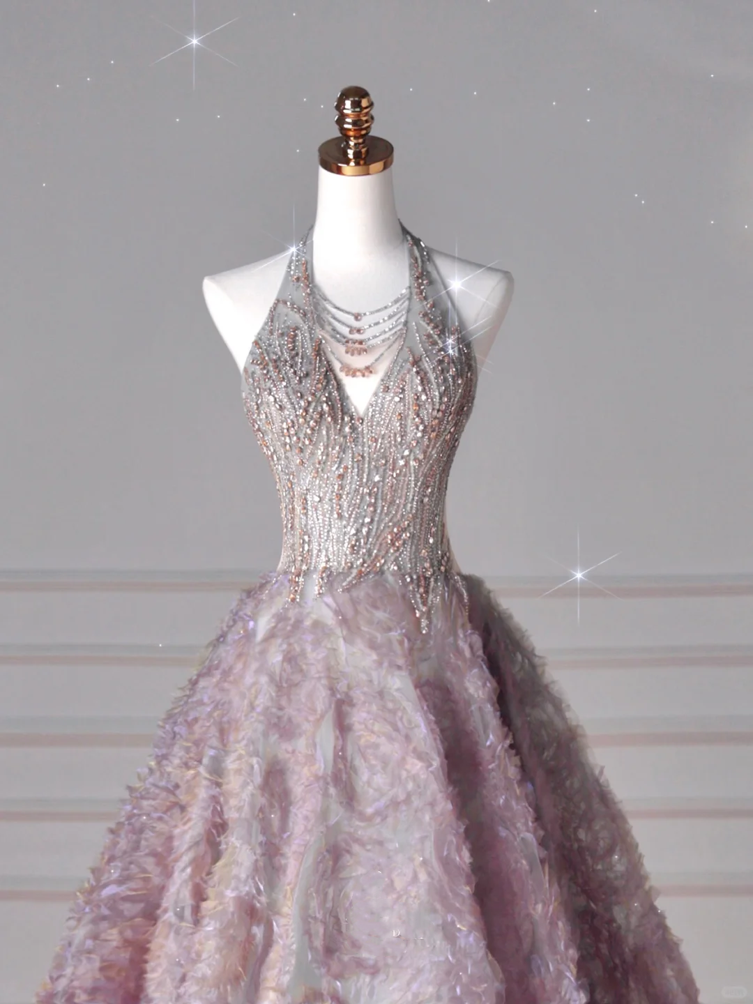 Glamorous Halter Purple Tulle Flowers Beaded Prom Dress,A Line Evening Dress Wedding Dress Y8625