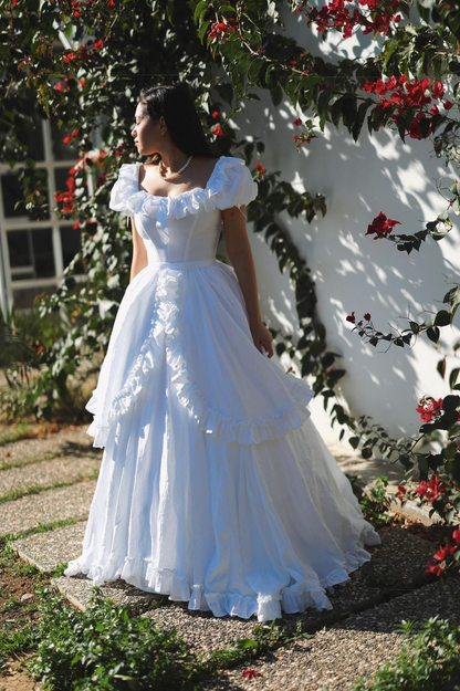Vintage Off The Shoulder White Satin Ruffles Wedding Dress Long Bridal Dress SP2104